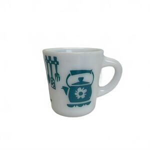 Vintage MCM Hazel Atlas milk glass mug with turquoise kitchen aid decals c.1960s